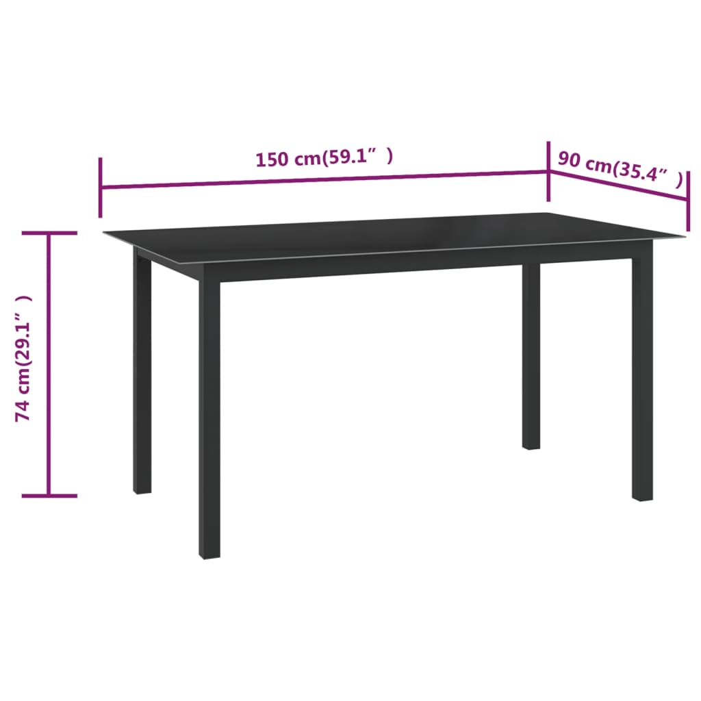 vidaXL black alumínium és üveg kerti asztal 150 x 90 x 74 cm