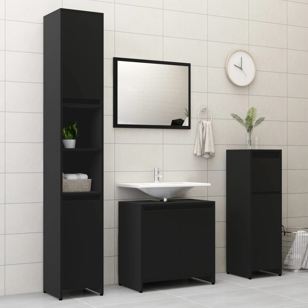 vidaXL 4 részes fekete forgácslap fürdőszobai bútorszett