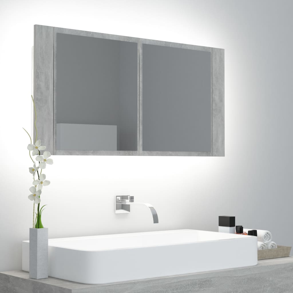 vidaXL betonszürke LED-es tükrös fürdőszobaszekrény 90 x 12 x 45 cm