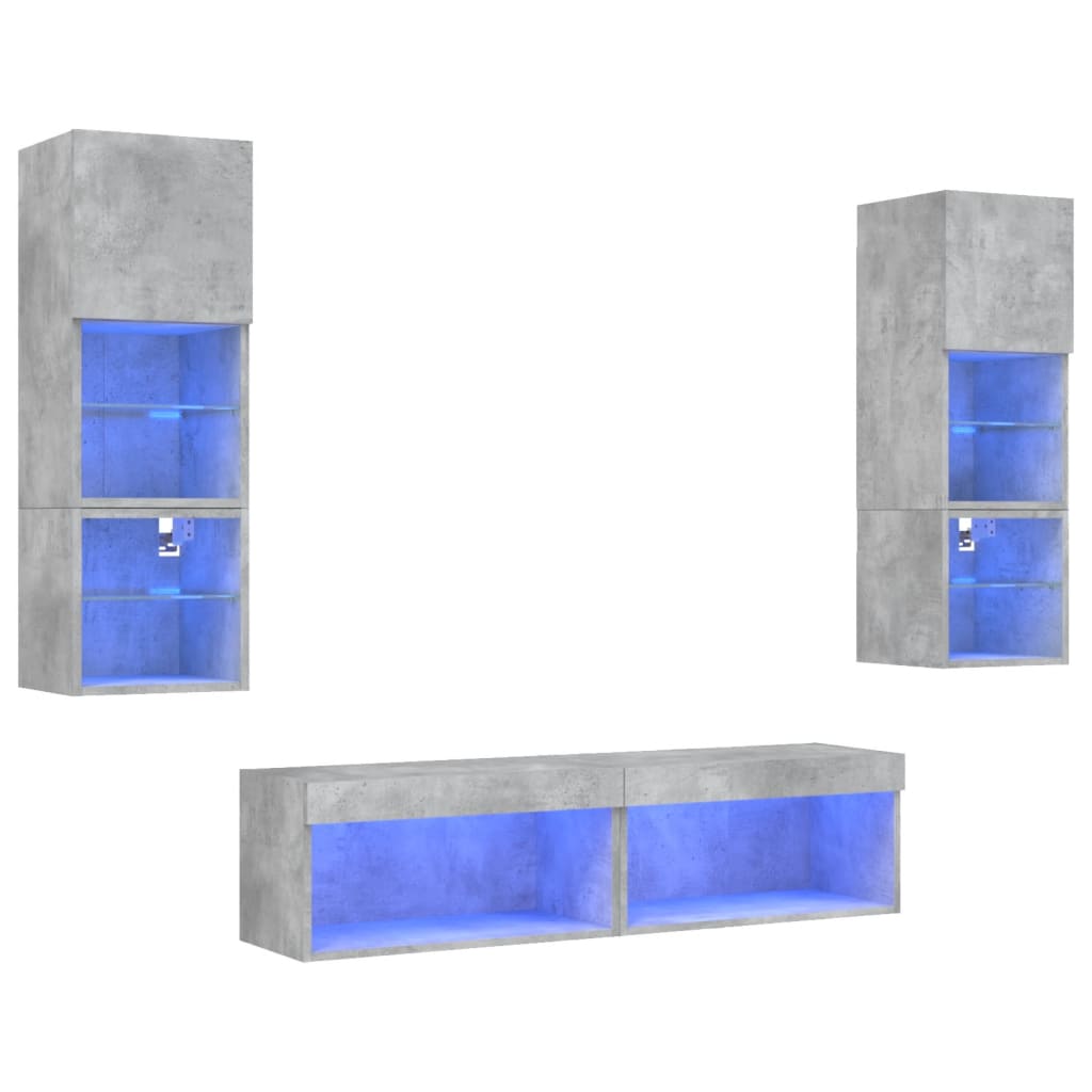 vidaXL 6 darab betonszürke szerelt fa fali TV-bútor LED-del