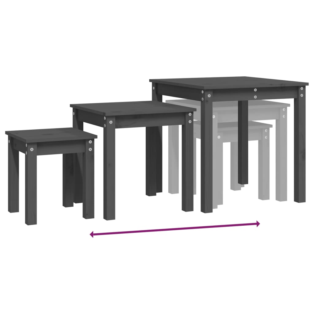vidaXL 3 db szürke tömör fenyőfa rakásolható asztal