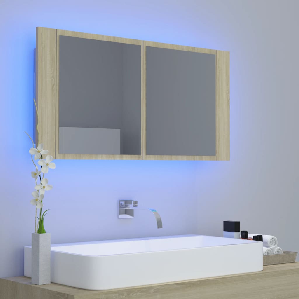 vidaXL tölgyszínű akril LED-es tükrös fürdőszobaszekrény 90x12x45 cm