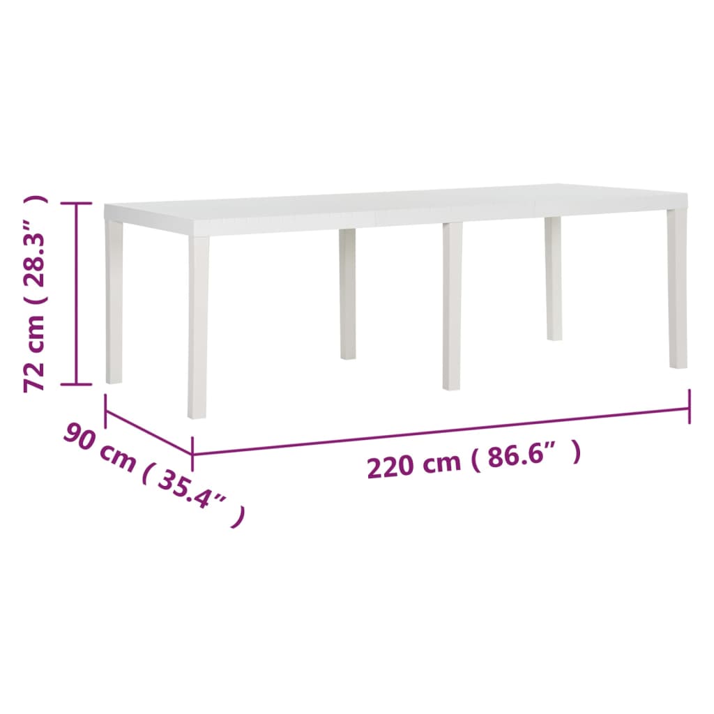 vidaXL fehér polipropilén kerti asztal 220 x 90 x 72 cm