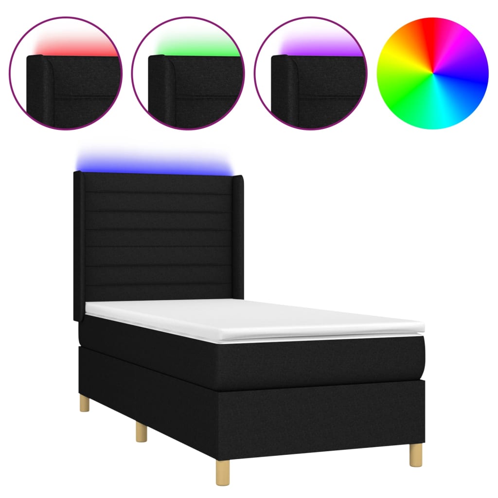 vidaXL fekete szövet rugós és LED-es ágy matraccal 100x200 cm
