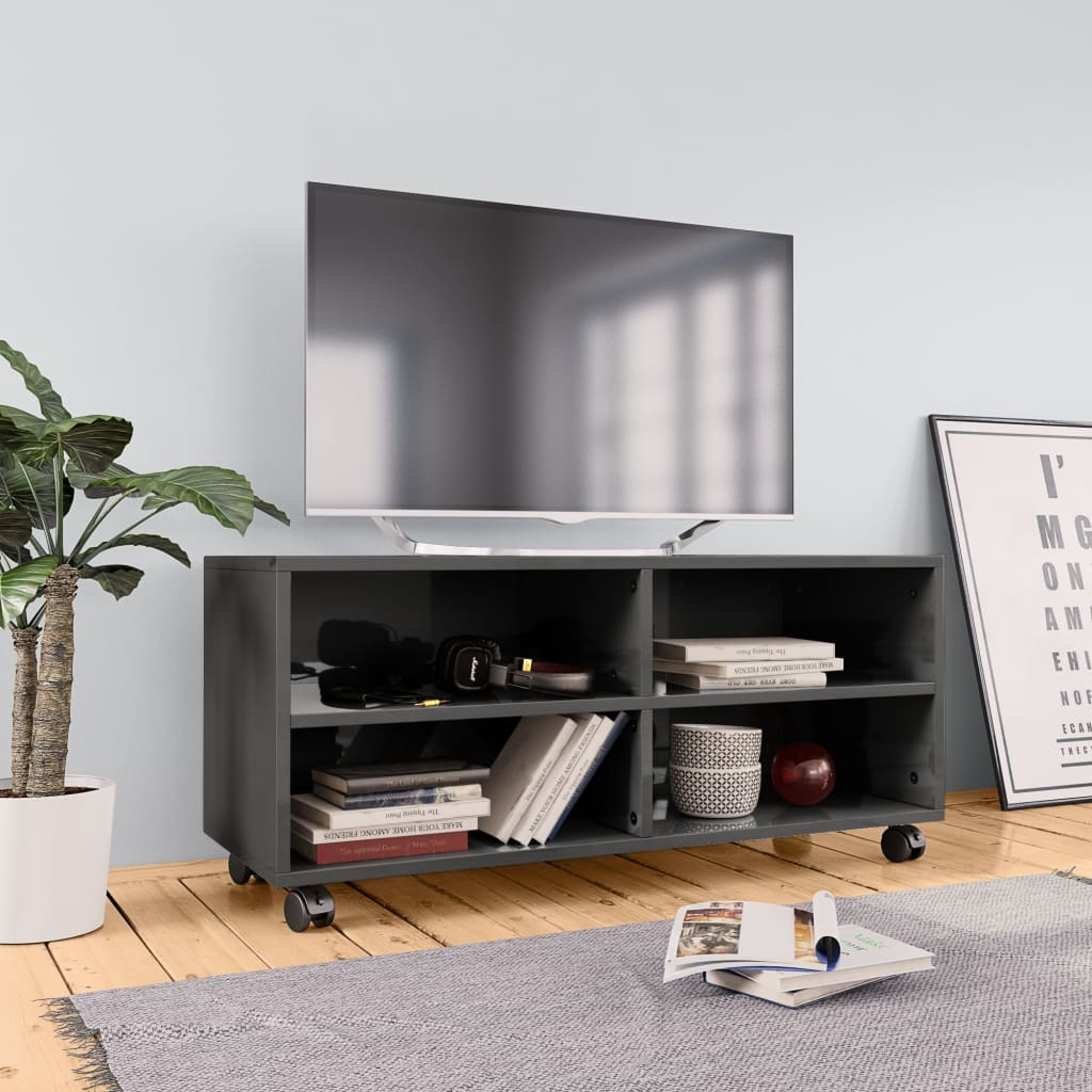 vidaXL magasfényű szürke forgácslap TV-szekrény görgőkkel 90x35x35 cm