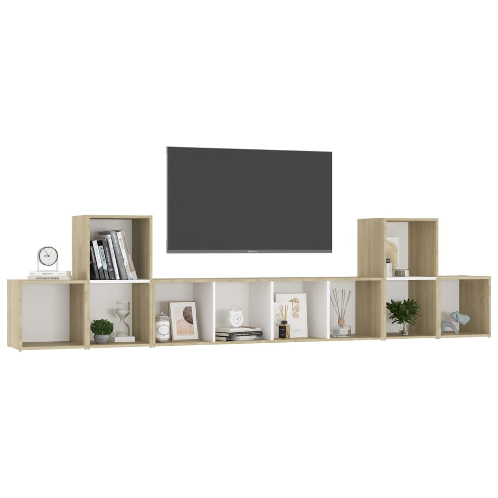 vidaXL 5 részes fehér és tölgyszínű forgácslap TV-szekrényszett
