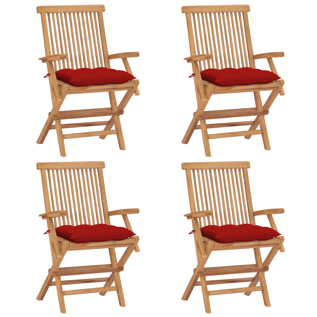 vidaXL 4 db tömör tíkfa kerti szék piros párnával
