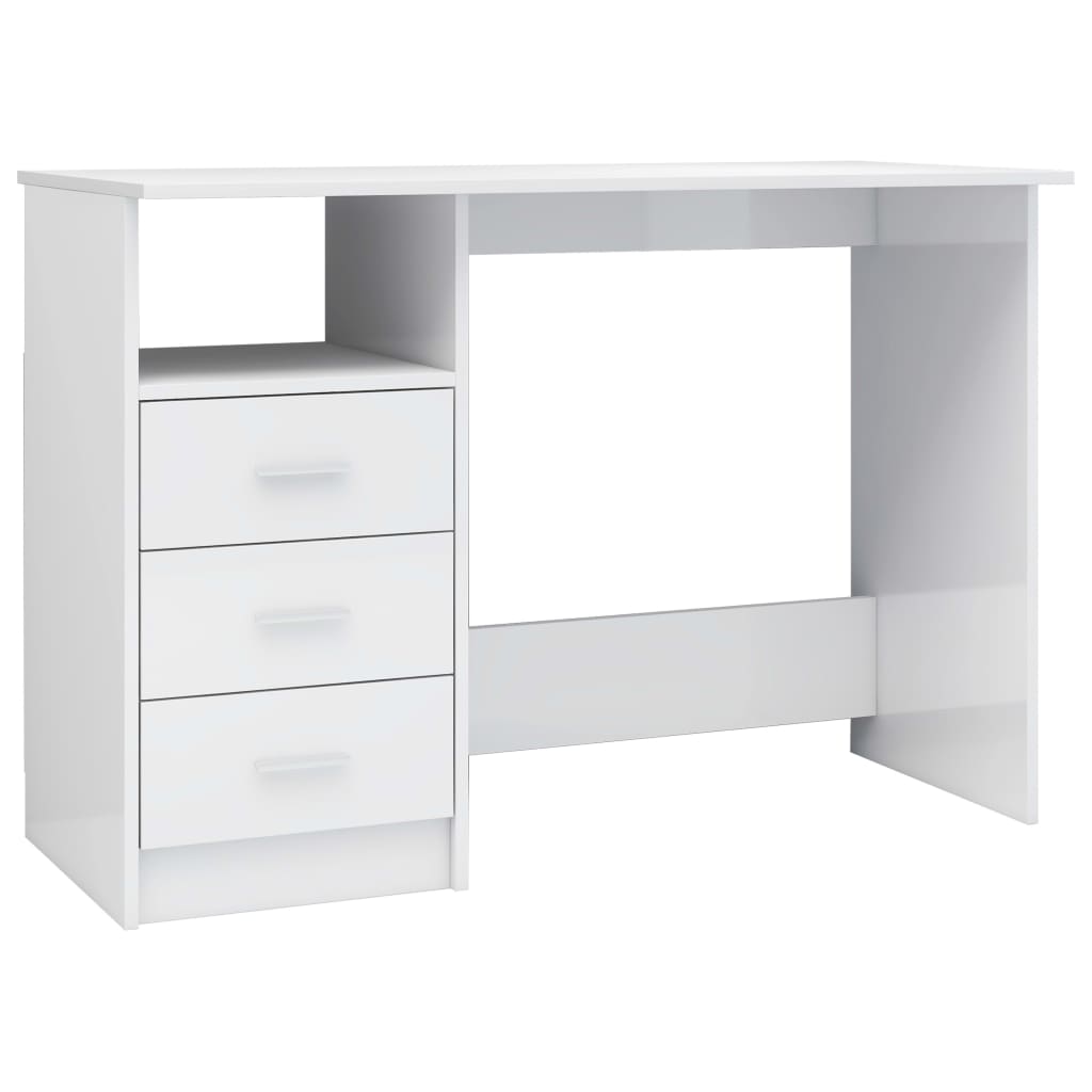 vidaXL magasfényű fehér forgácslap íróasztal fiókokkal 110x50x76 cm