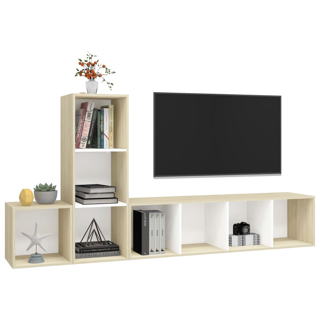vidaXL 3 részes fehér és tölgyszínű forgácslap TV-szekrény szett