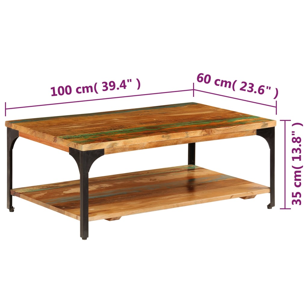 vidaXL tömör újrahasznosított fa dohányzóasztal polccal 100x60x35 cm