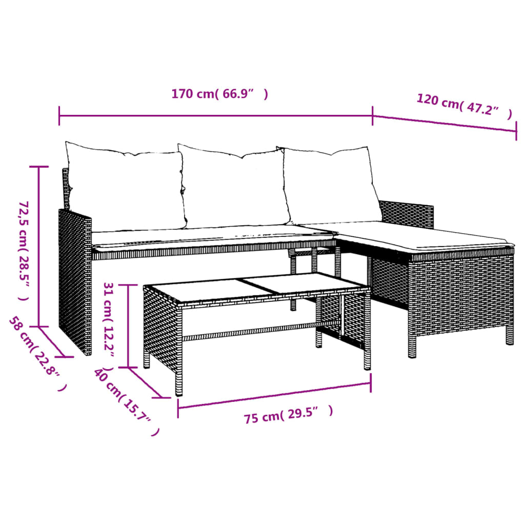 vidaXL L-alakú szürke polyrattan kerti kanapé asztallal és párnákkal