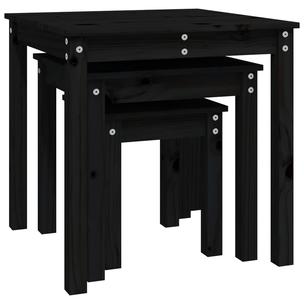 vidaXL 3 db fekete tömör fenyőfa rakásolható asztal