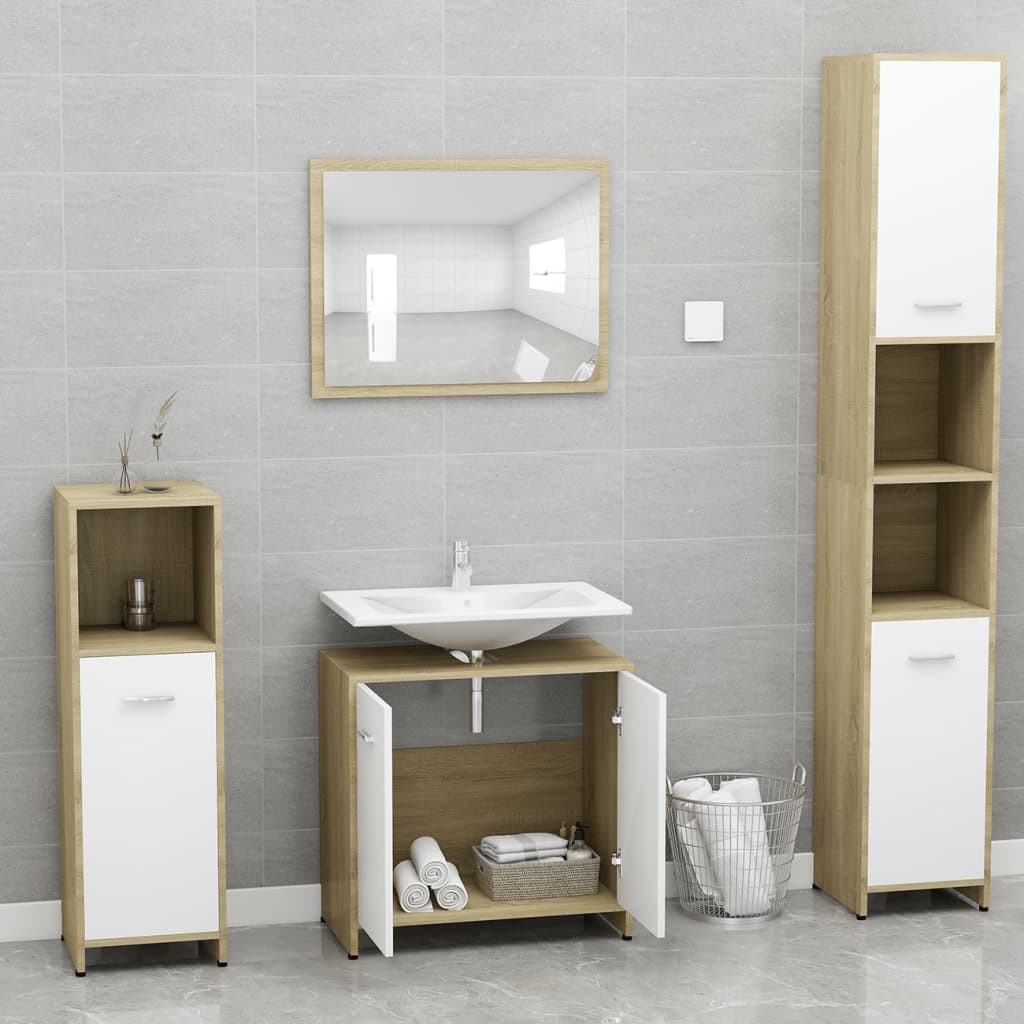 vidaXL fehér és sonoma-tölgy színű szerelt fa fürdőszobai bútorszett