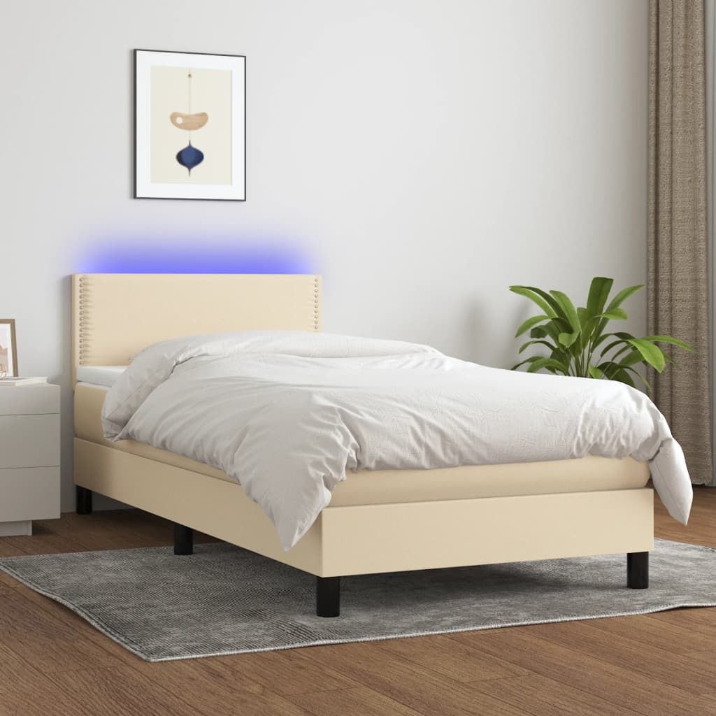 vidaXL krémszínű szövet rugós és LED-es ágy matraccal 90x200 cm