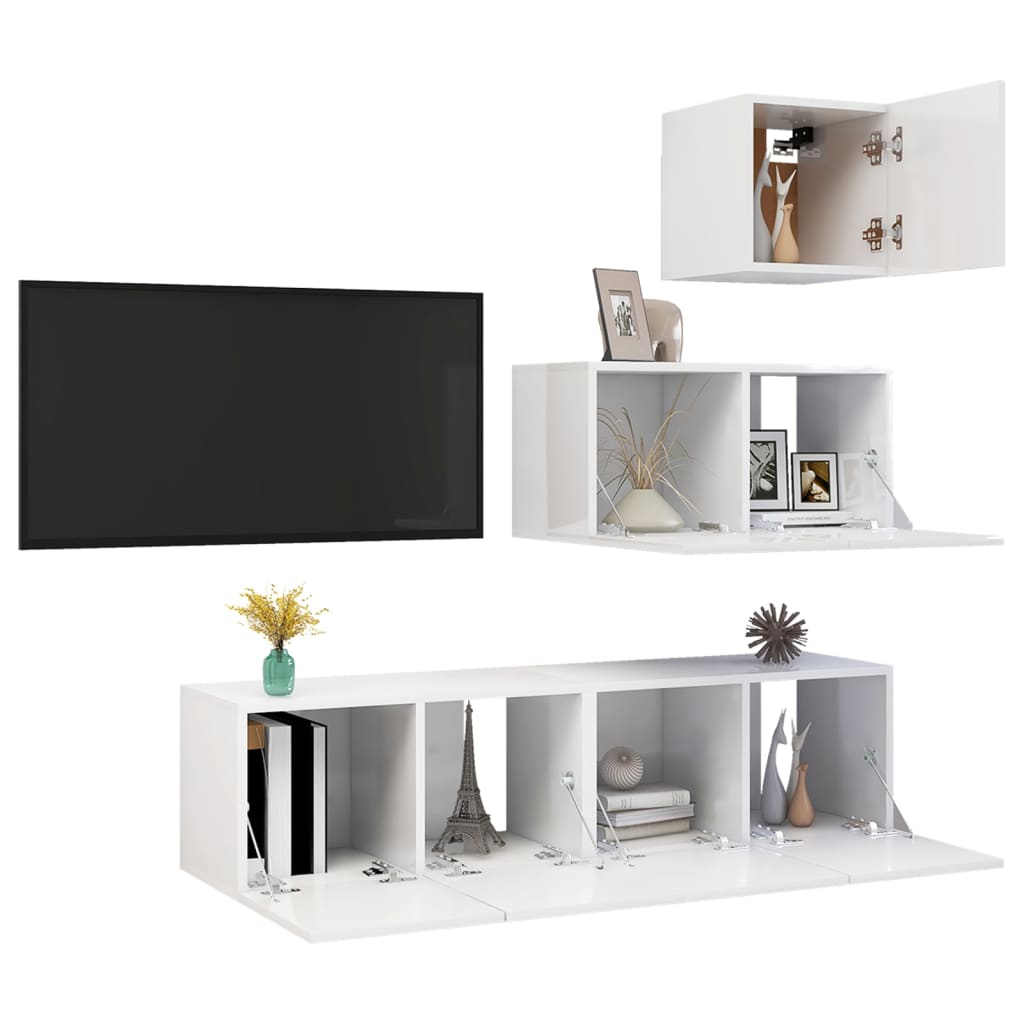 vidaXL 4 részes magasfényű fehér forgácslap TV-szekrényszett