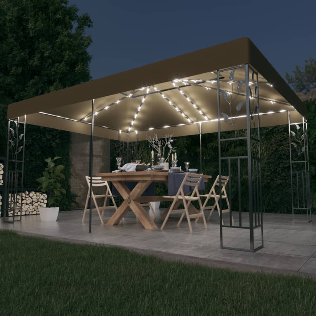 vidaXL tópszínű dupla tetős pavilon LED fényfüzérrel 3 x 4 m
