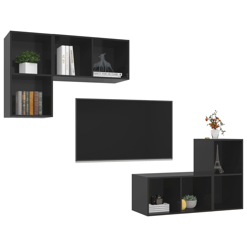 vidaXL 4 db magasfényű fekete forgácslap fali TV-szekrény