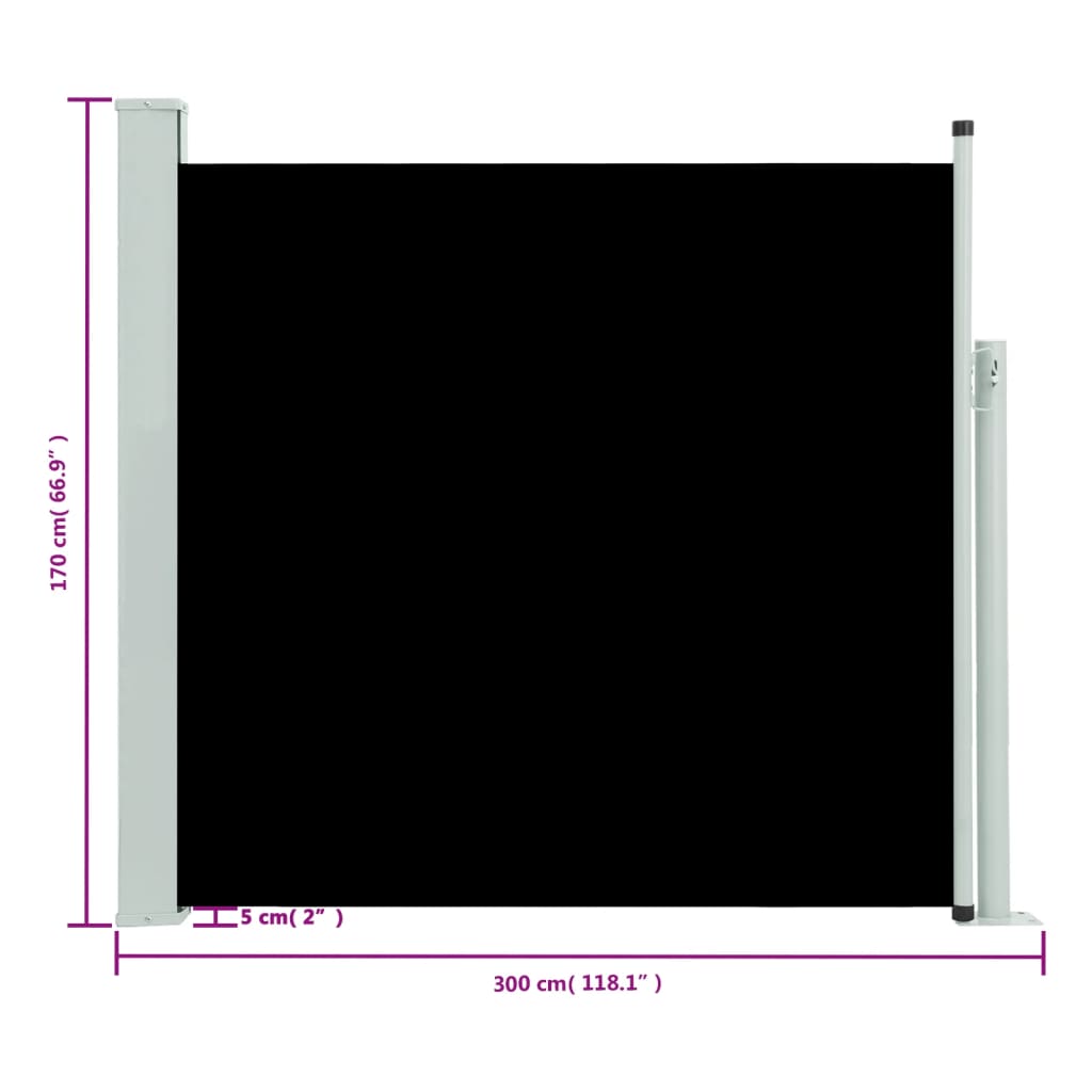 vidaXL fekete kihúzható oldalsó terasznapellenző 170 x 300 cm
