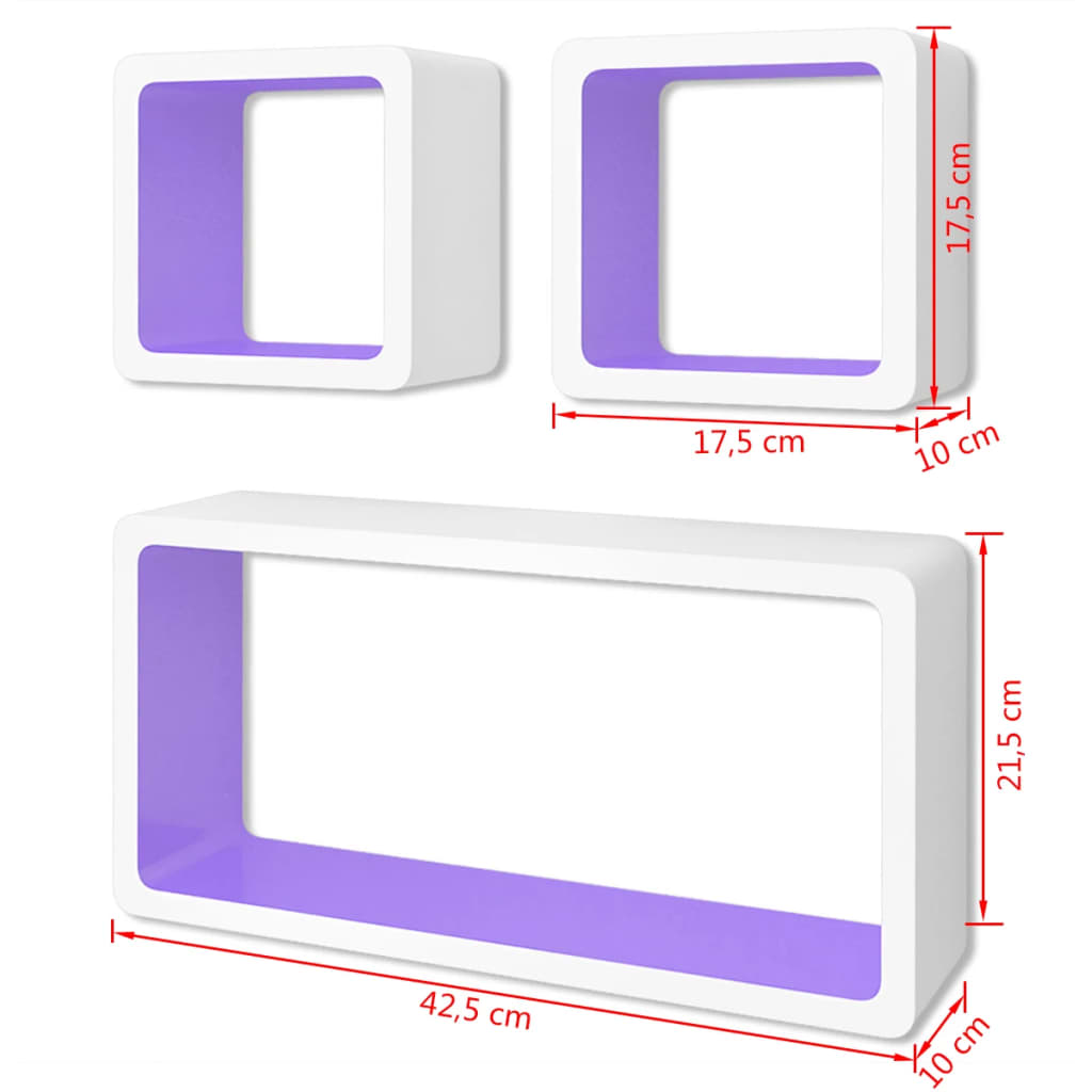 3 négyszögű fehér-lila MDF lebegő fali könyvpolc/DVD tároló