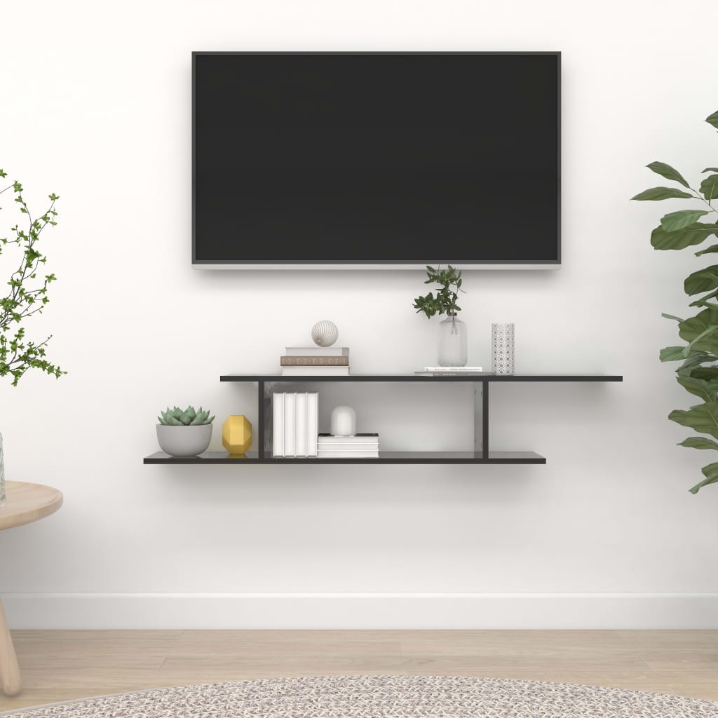 vidaXL magasfényű fekete forgácslap fali TV-polc 125 x 18 x 23 cm