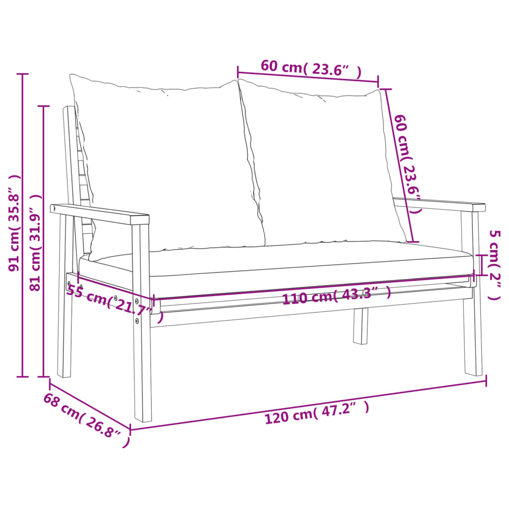 vidaXL tömör akácfa kerti kanapé párnával 120 cm