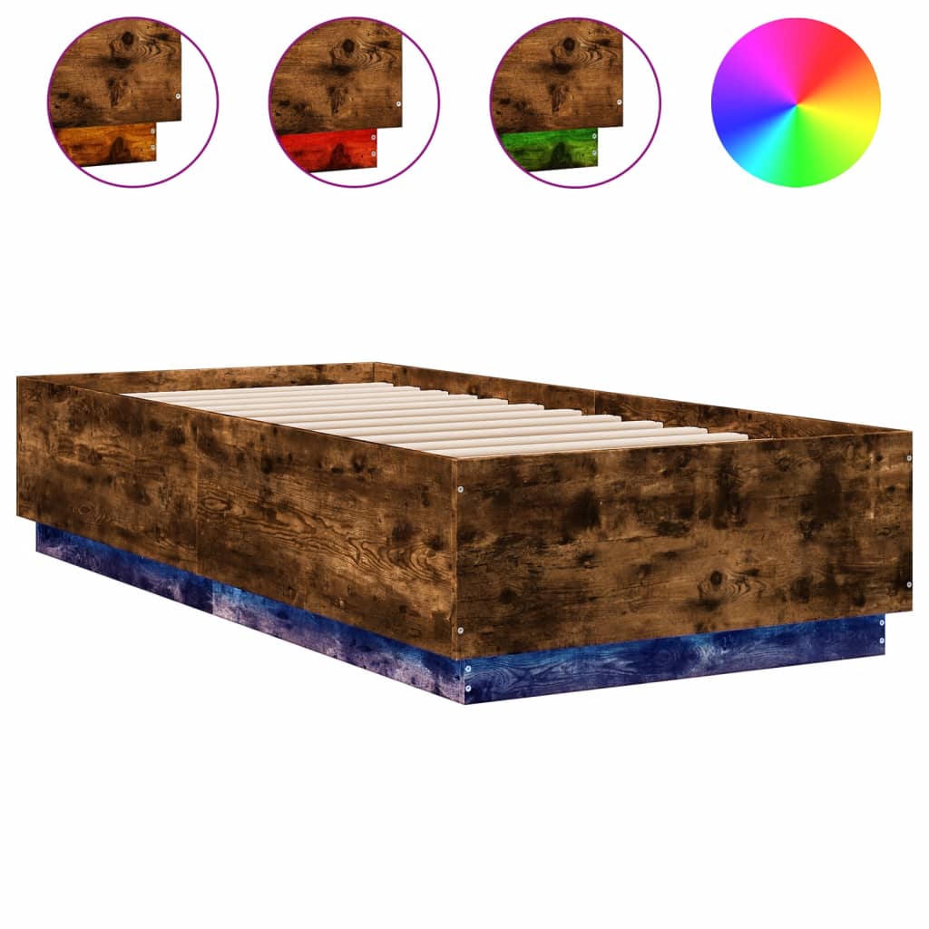 vidaXL füstös tölgyszínű szerelt fa ágykeret LED-del 90 x 200 cm