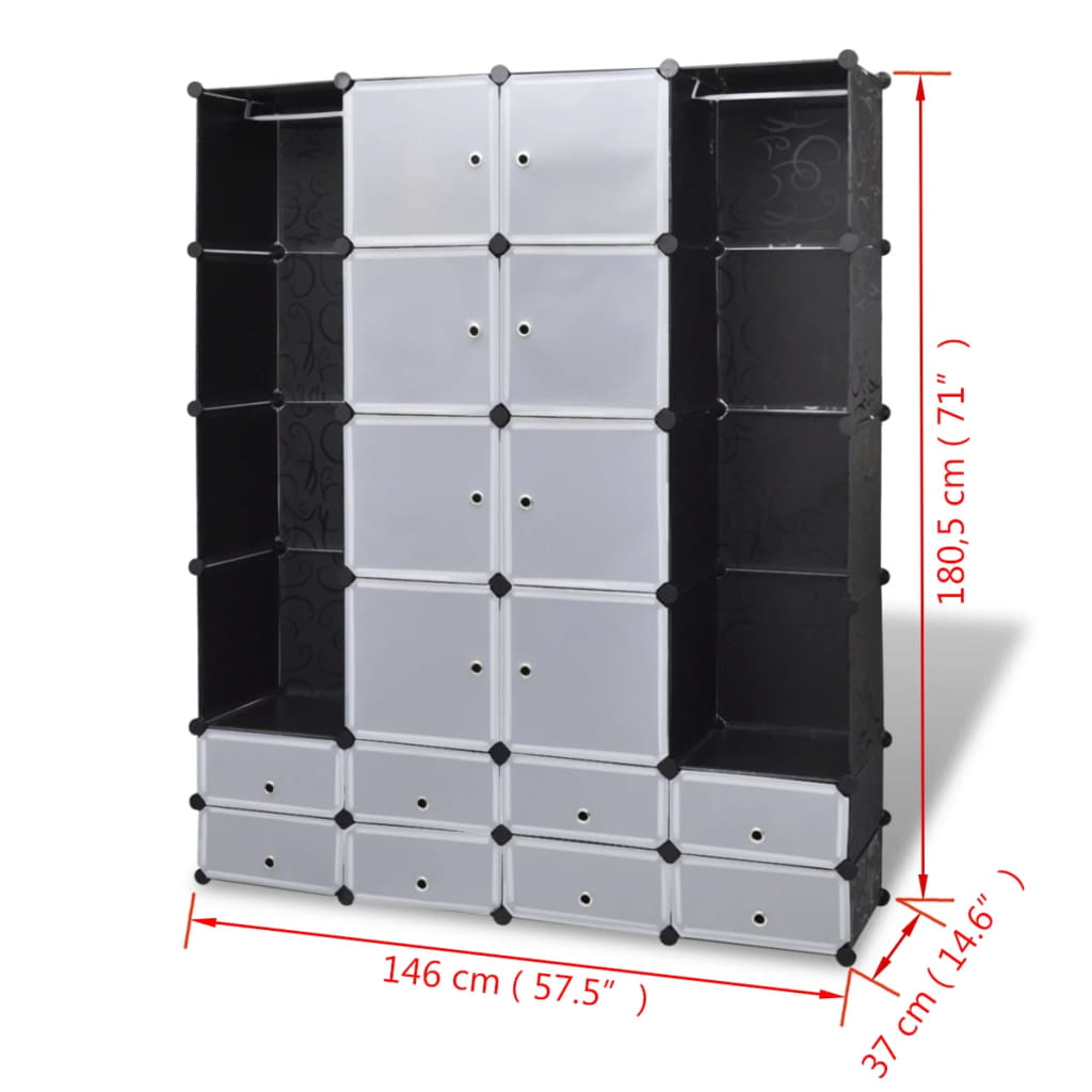 vidaXL fekete/fehér szekrény 18 tárolórekesszel 37 x 146 x 180,5 cm