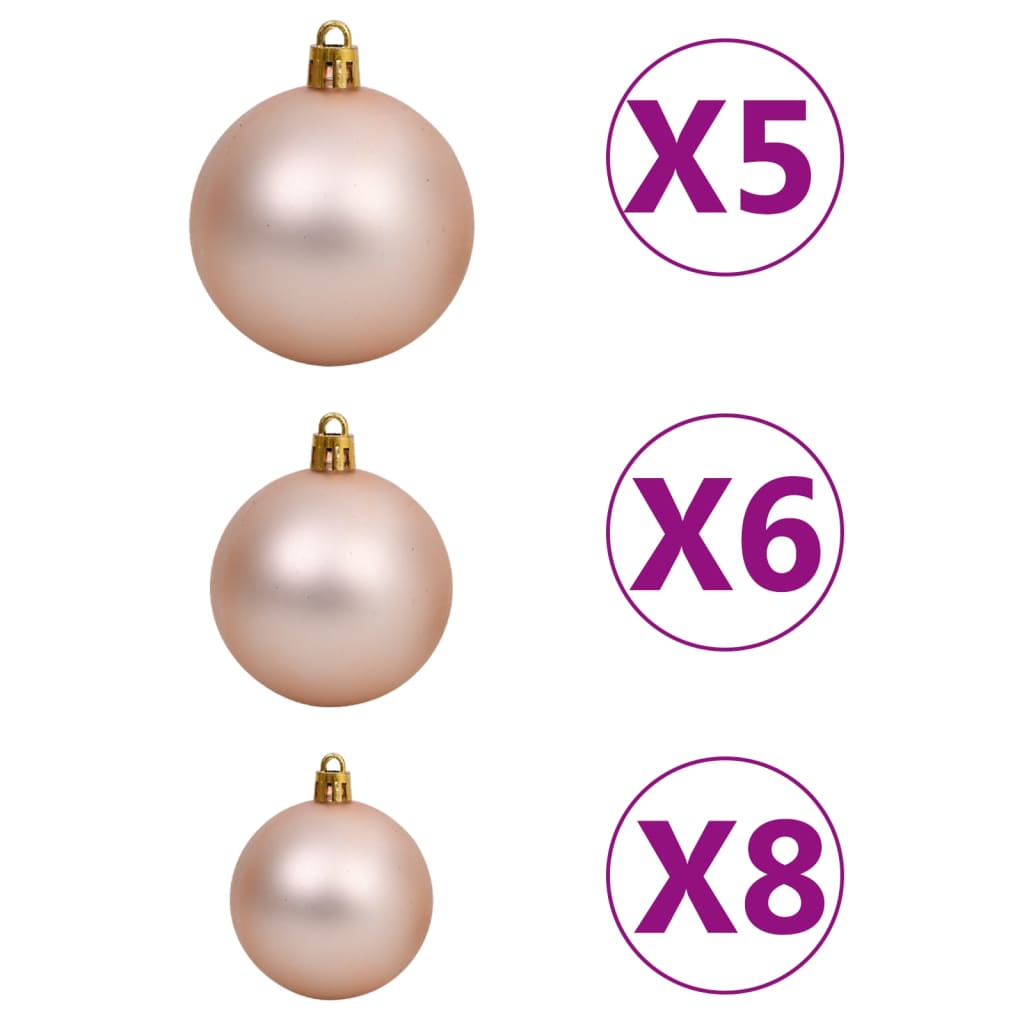 vidaXL rózsaszín megvilágított vékony műkarácsonyfa gömb szettel 210cm