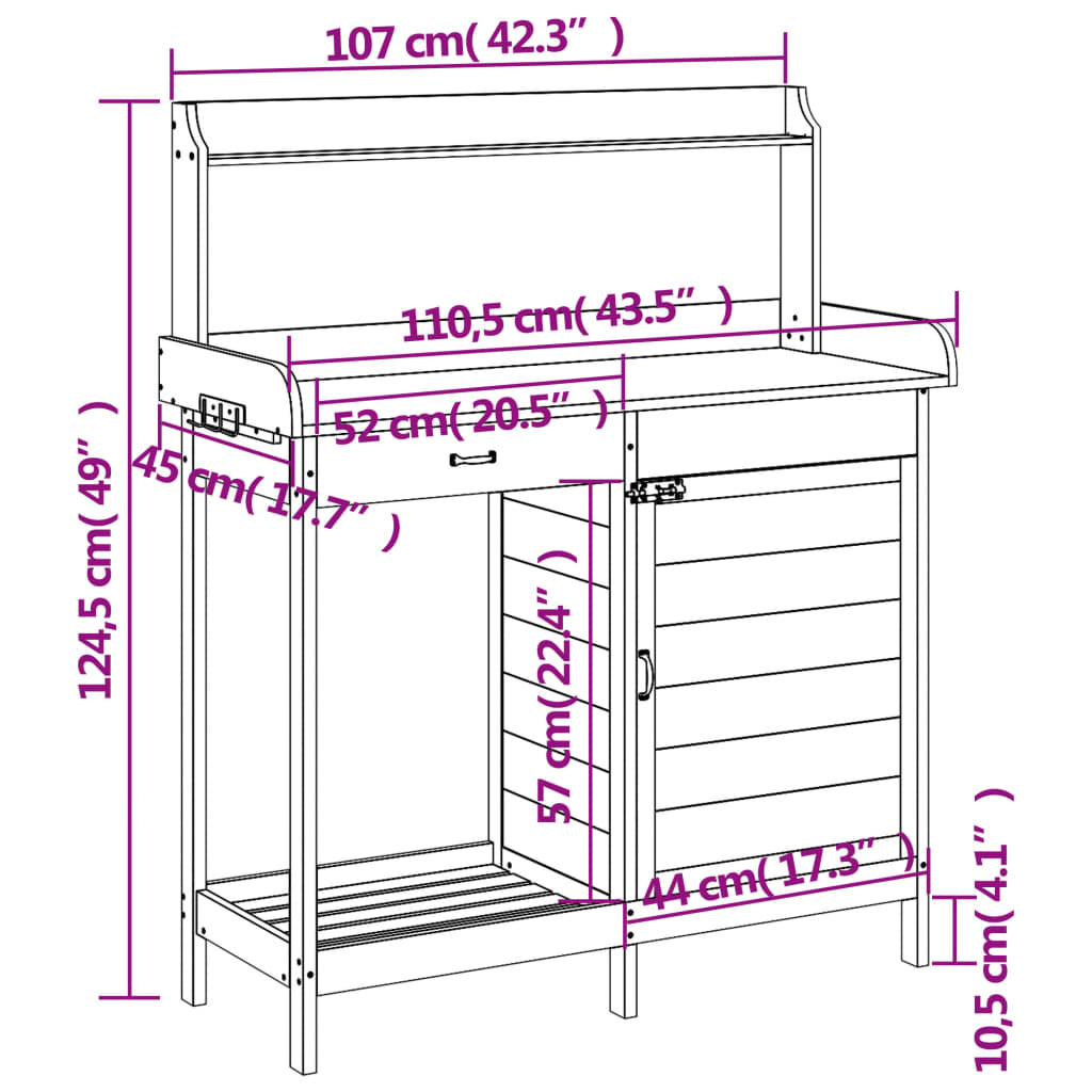 vidaXL szürke tömör fenyőfa ültetőasztal szekrénnyel 110,5x45x124,5 cm