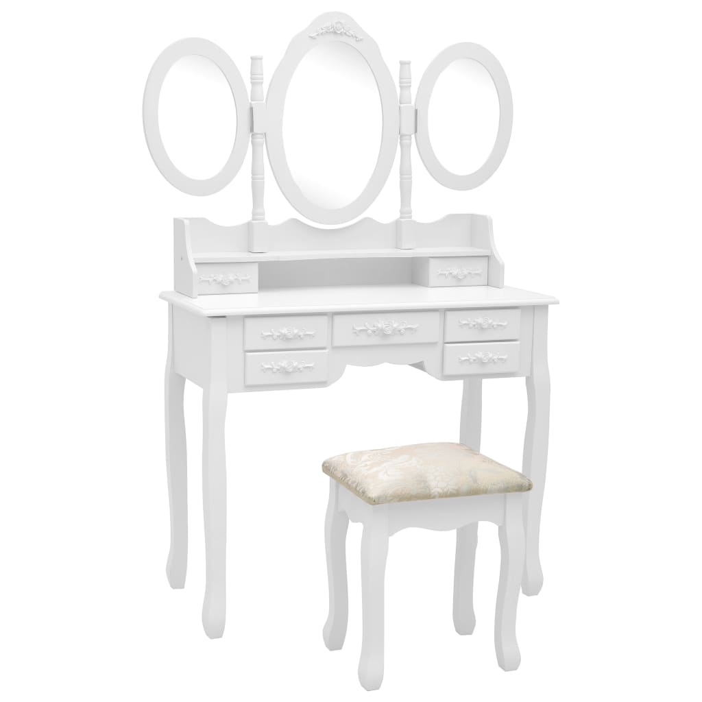 vidaXL fehér fésülködőasztal ülőkével és háromrészes tükörrel