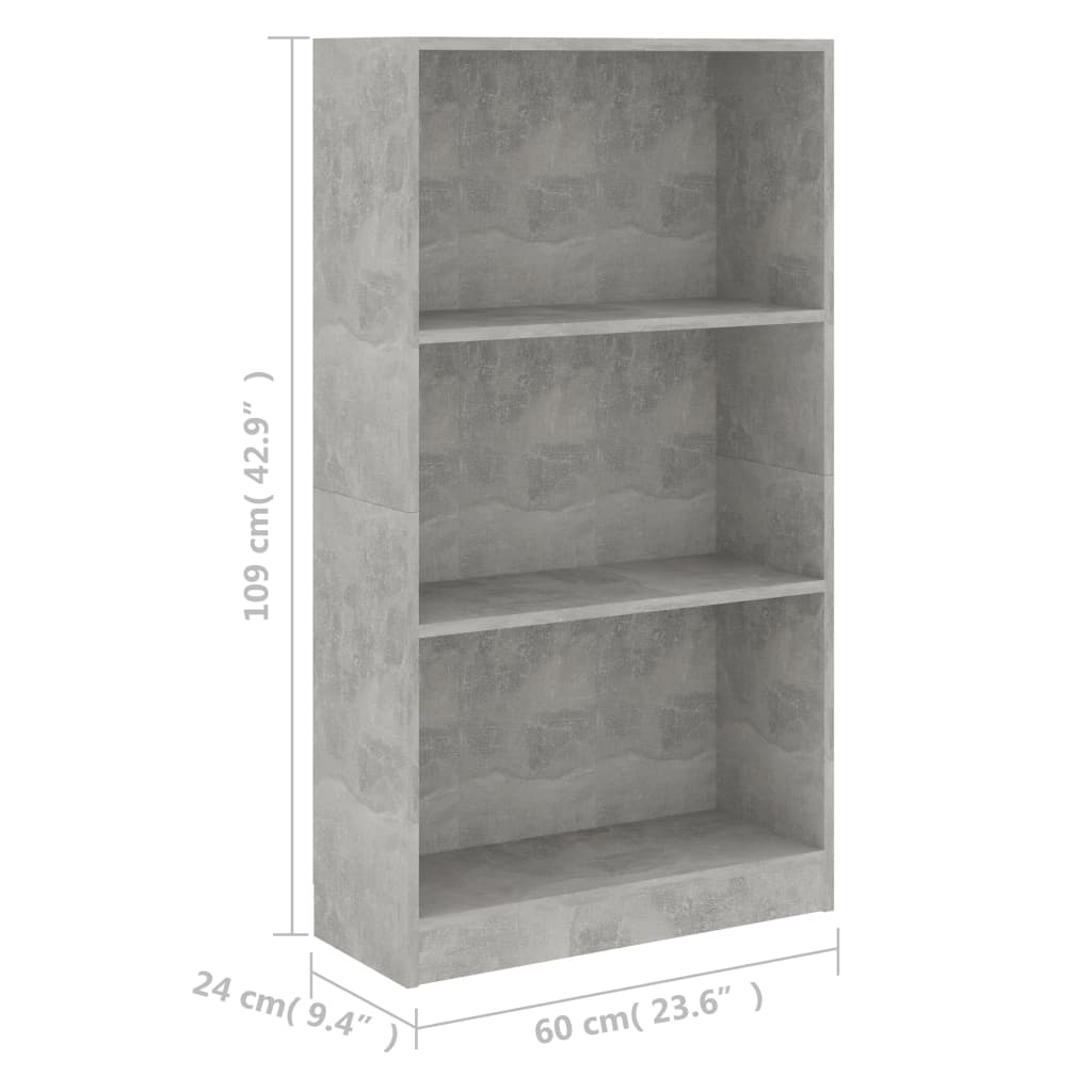 vidaXL 3 szintes betonszürke szerelt fa könyvszekrény 60x24x109 cm