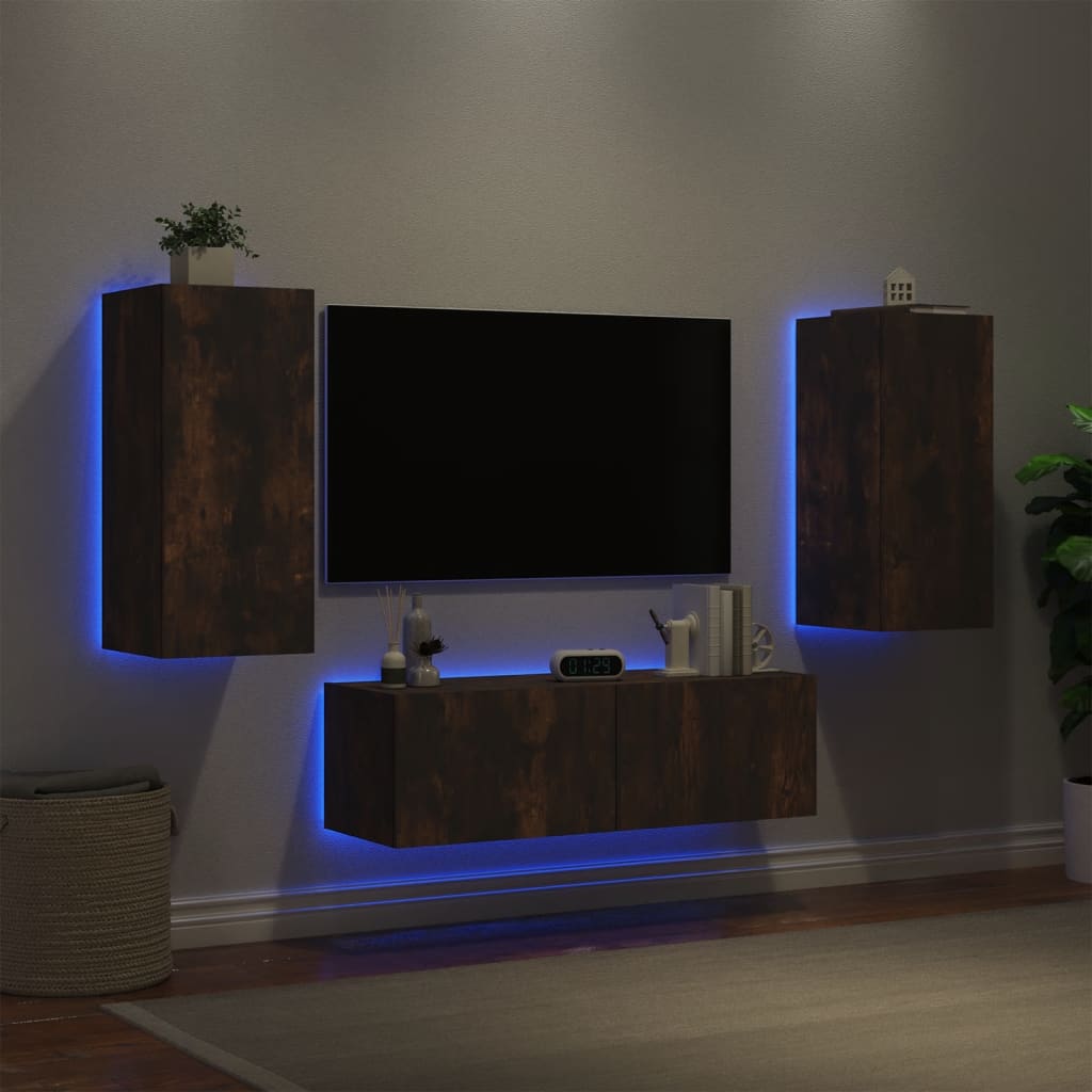 vidaXL 3 darab füstölt tölgyszínű falra szerelhető TV-szekrény LED-del