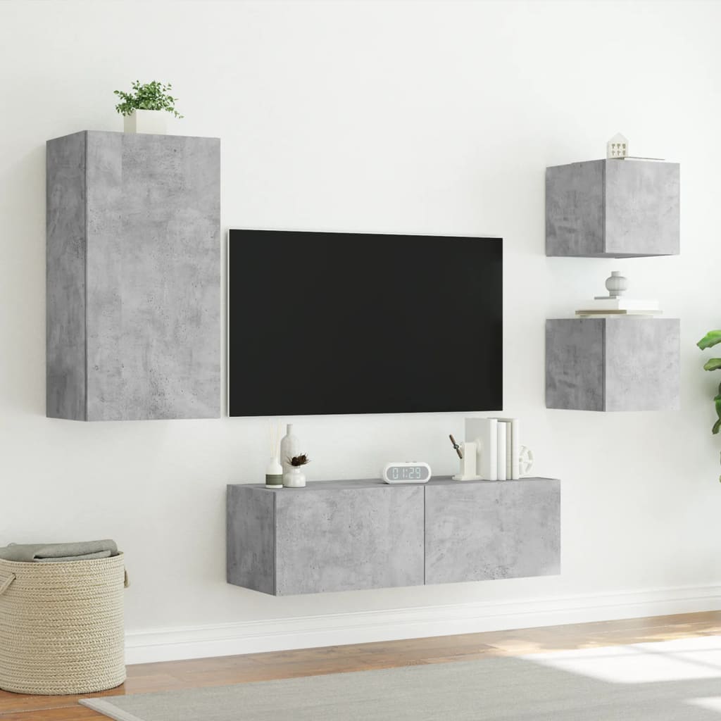 vidaXL 4 darab betonszürke falra szerelhető TV-szekrény LED-del