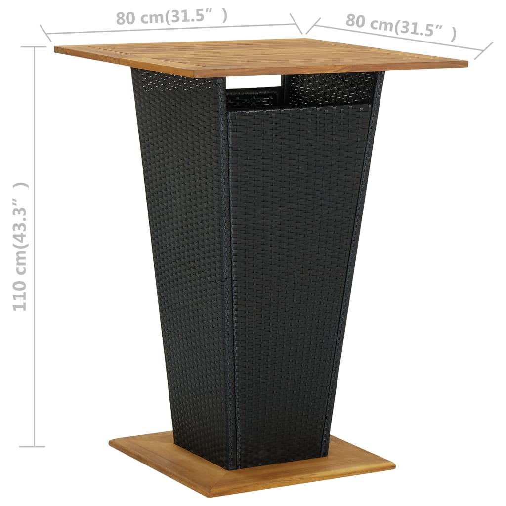vidaXL fekete polyrattan és tömör akácfa bárasztal 80 x 80 x 110 cm