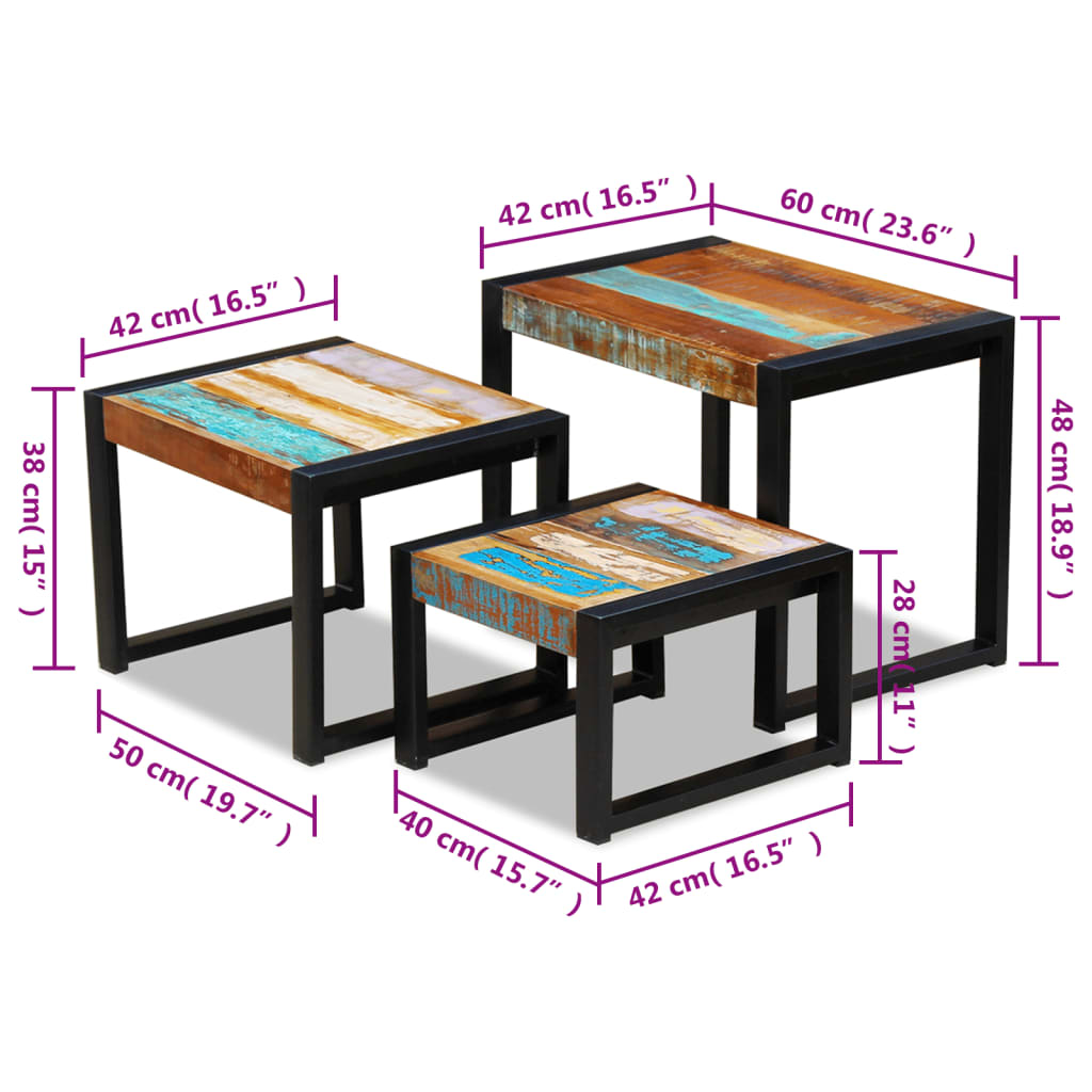 vidaXL 3 darab egymásba rakható tömör újrahasznosított fa asztal
