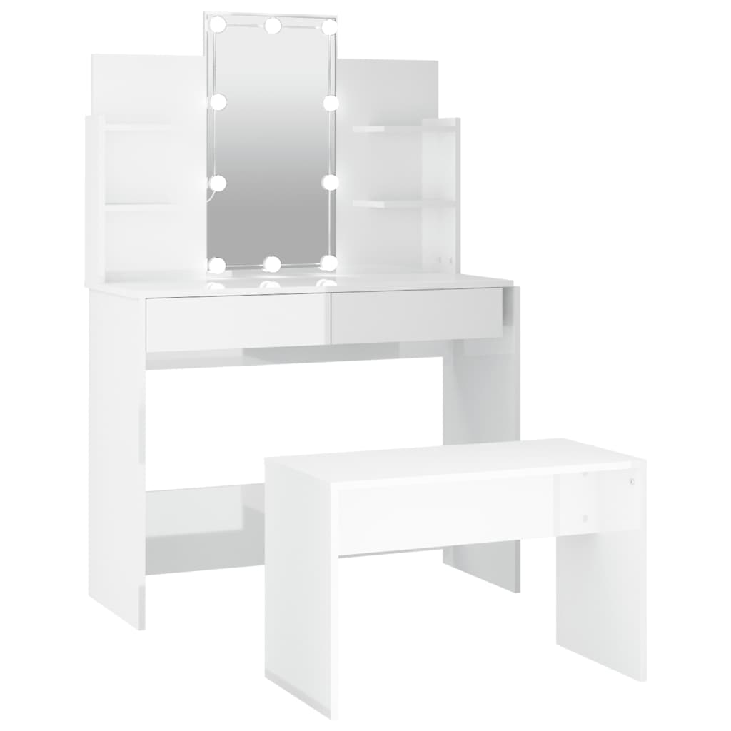 vidaXL magasfényű fehér szerelt fa fésülködőasztal-szett LED-ekkel