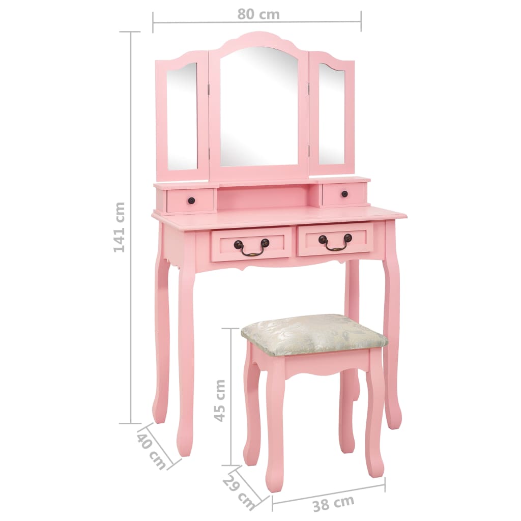 vidaXL rózsaszín császárfa fésülködőasztal-szett ülőkével 80x69x141 cm