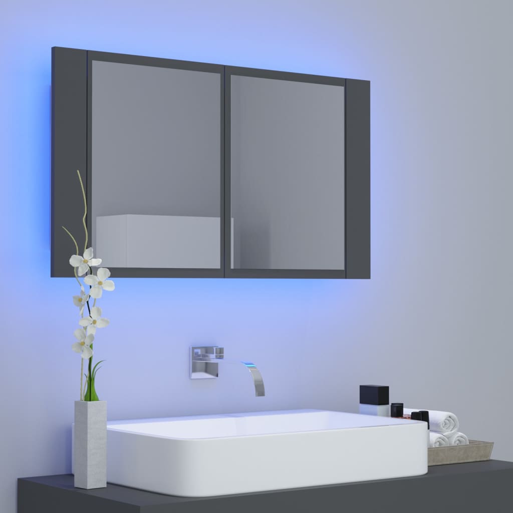 vidaXL szürke akril LED-es tükrös fürdőszobaszekrény 80x12x45 cm
