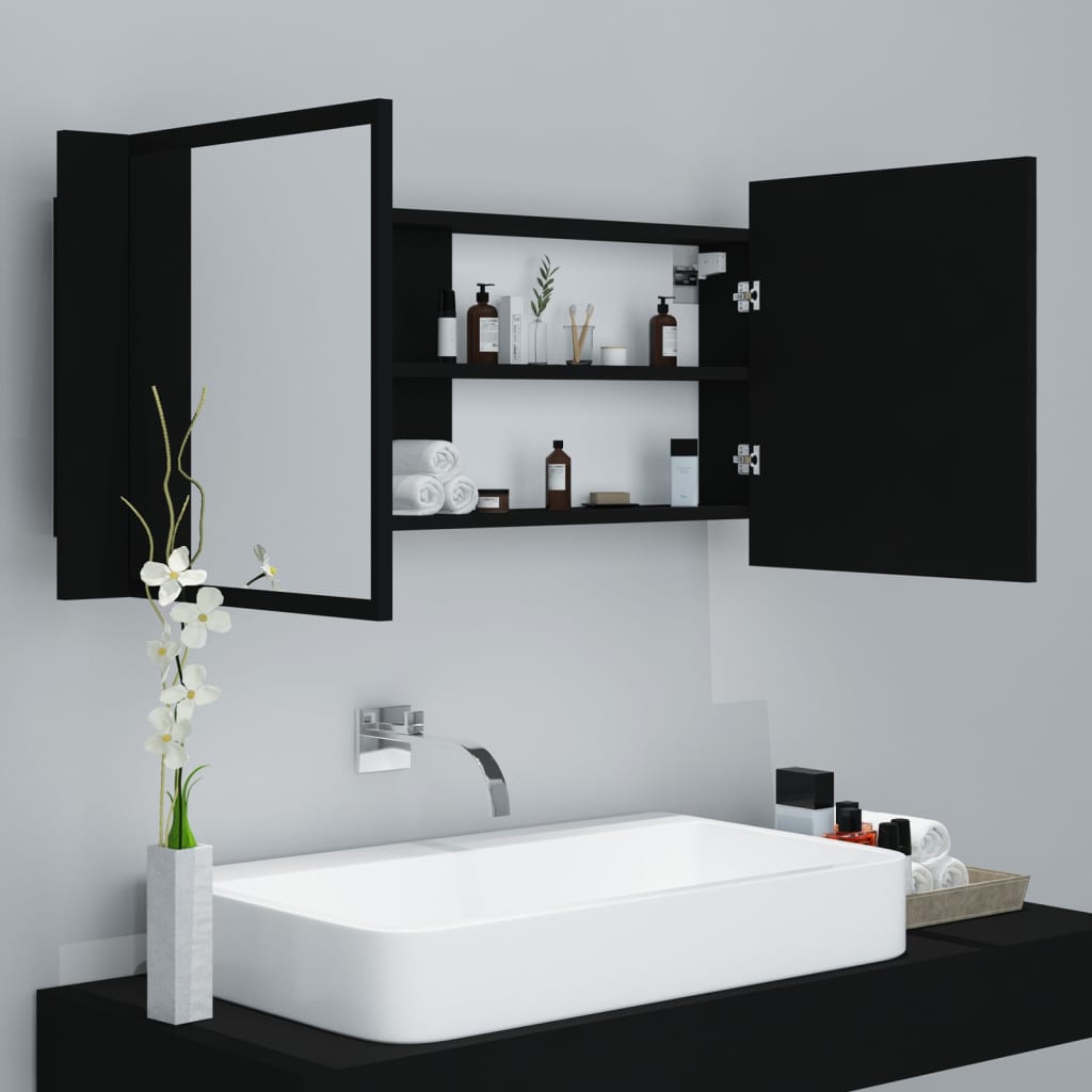 vidaXL fekete akril LED-es fürdőszobaszekrény tükörrel 100x12x45 cm