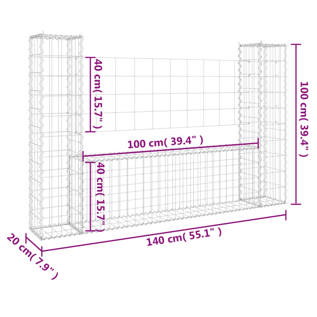vidaXL U-alakú vas gabionkosár 2 oszloppal 40 x 20 x 100 cm