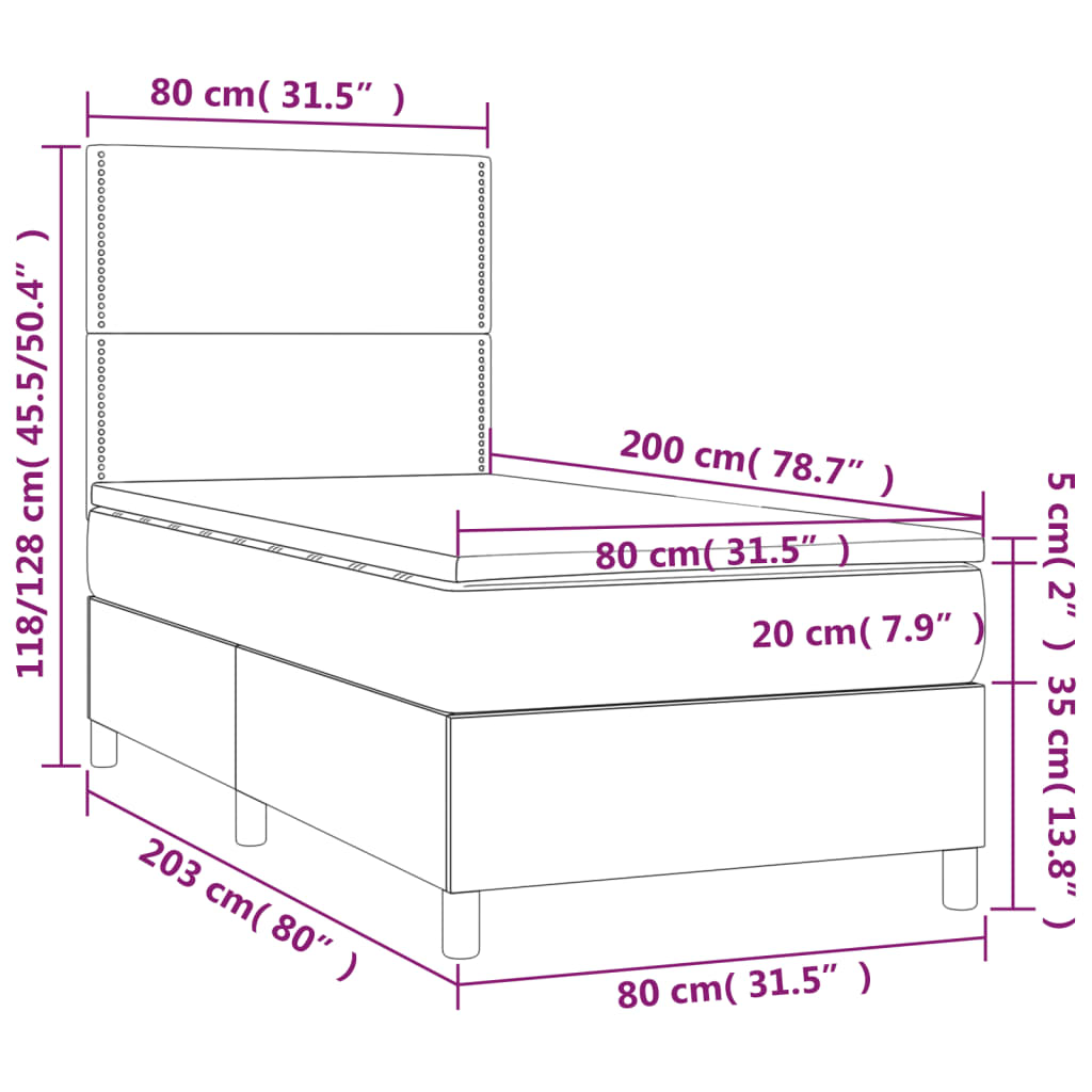 vidaXL rózsaszín bársony rugós és LED-es ágy matraccal 80 x 200 cm