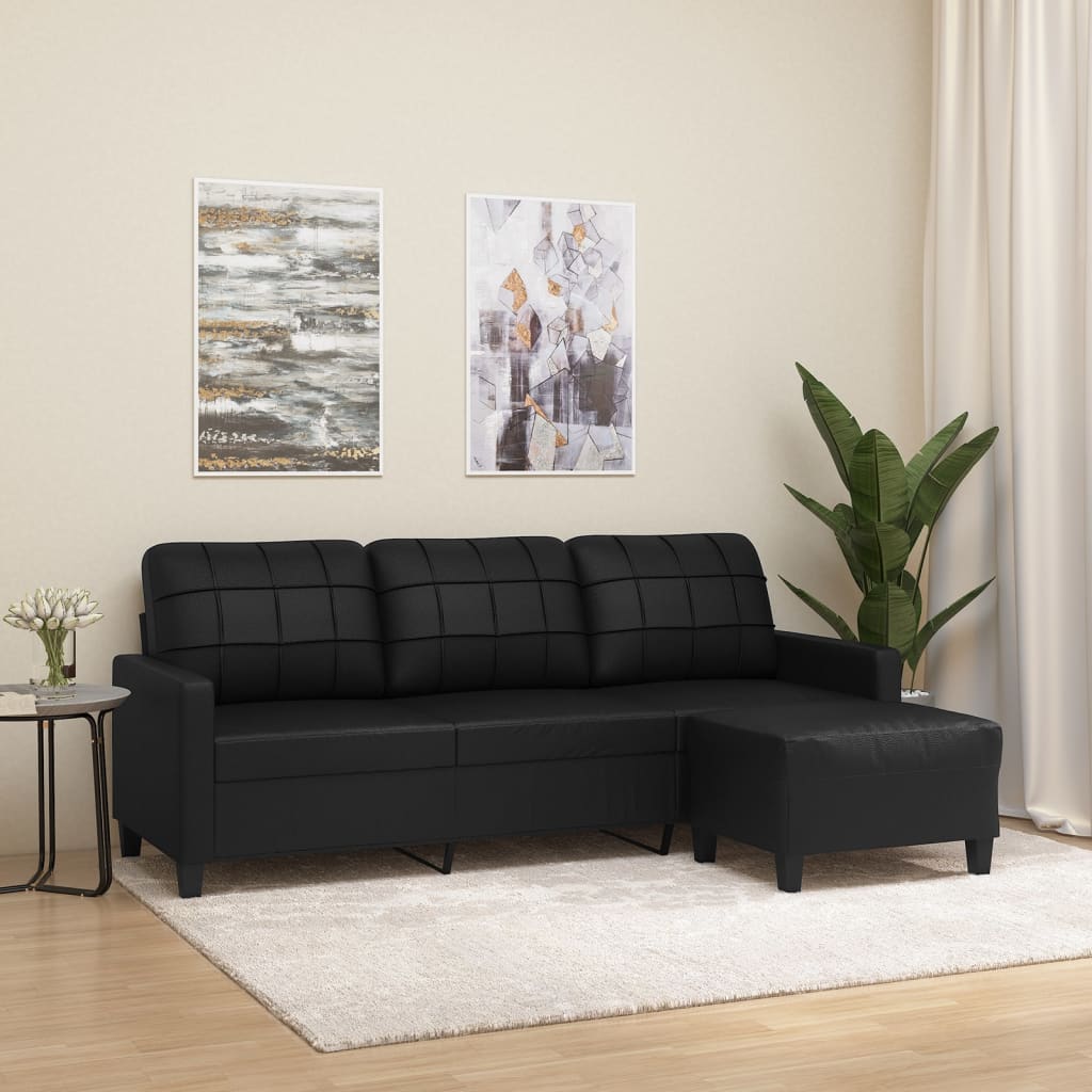vidaXL 3 személyes fekete műbőr kanapé lábtartóval 180 cm