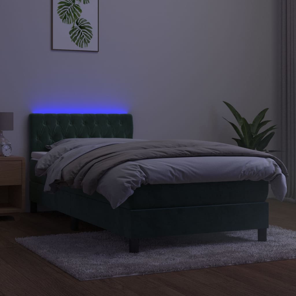 vidaXL sötétzöld bársony rugós és LED-es ágy matraccal 90x200 cm