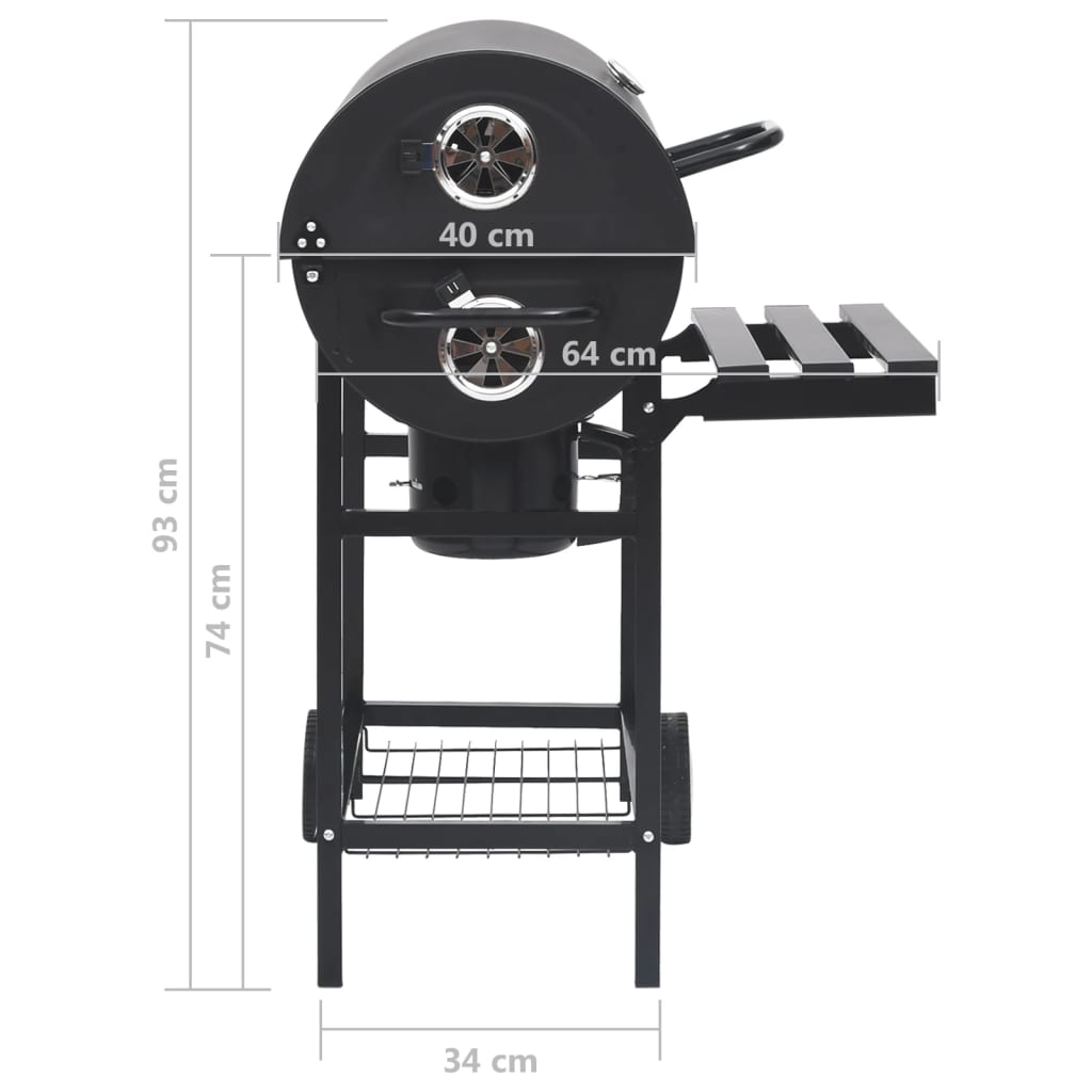 vidaXL fekete acél hengeres grillsütő kerékkel és polccal 115x85x95 cm