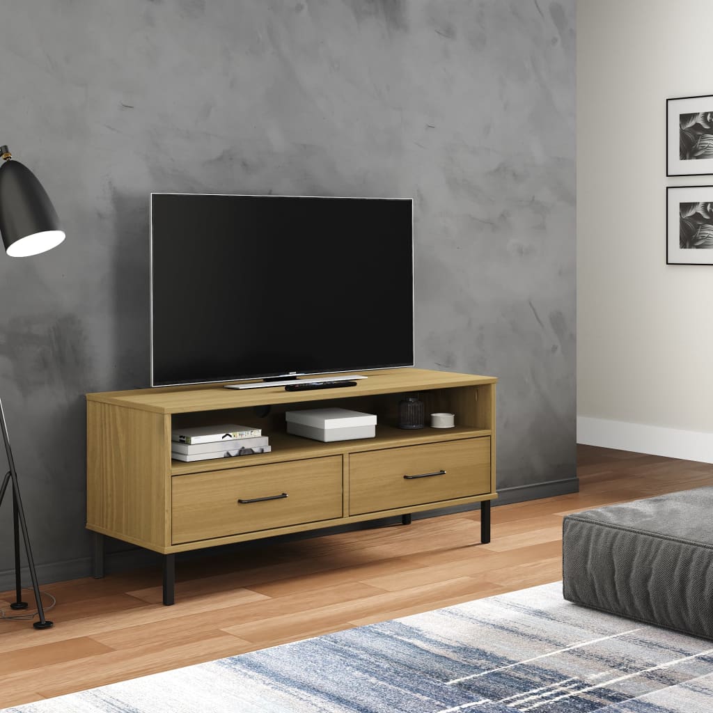 vidaXL OSLO barna tömör fenyőfa TV-szekrény fém lábakkal