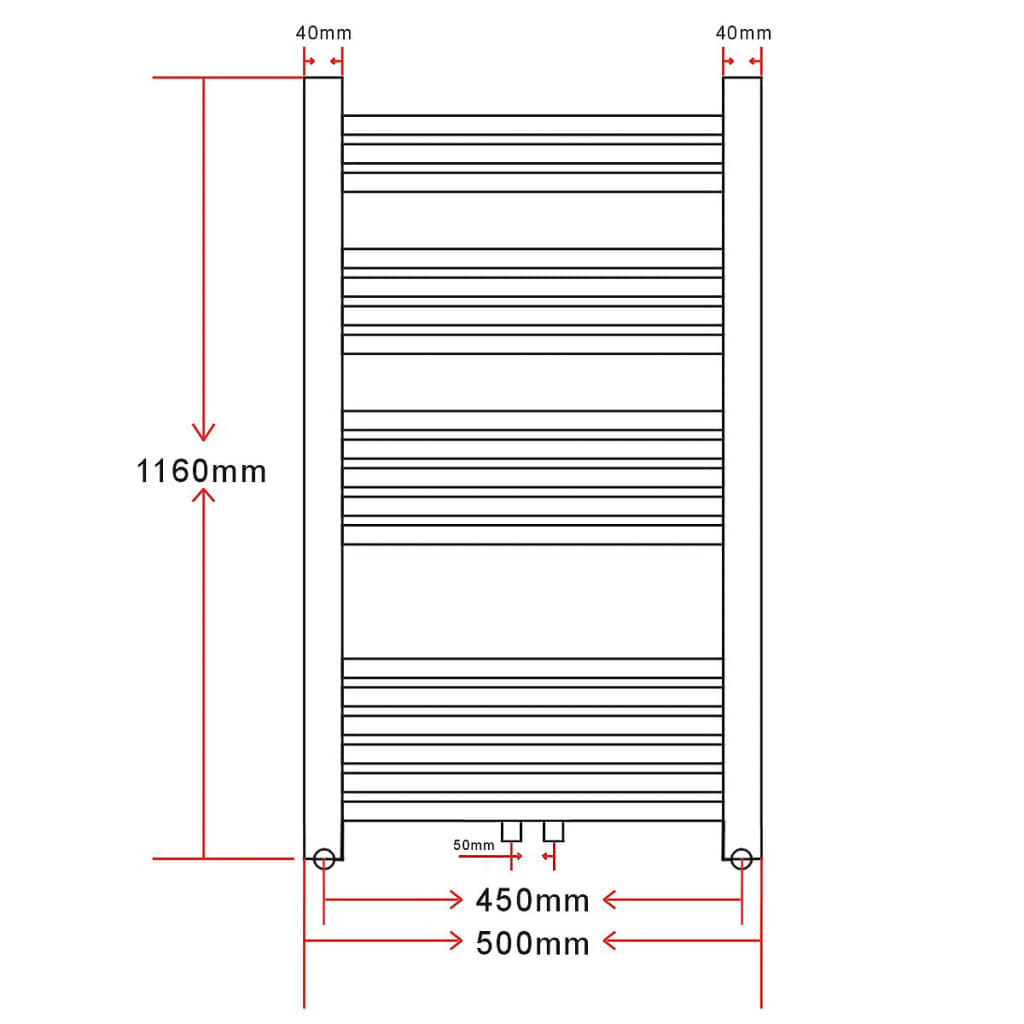 Fürdőszobai törölközőszárító radiátor központi fűtéssel oldalsó és középső csatlakozóval ívelt 500 x 1160 mm