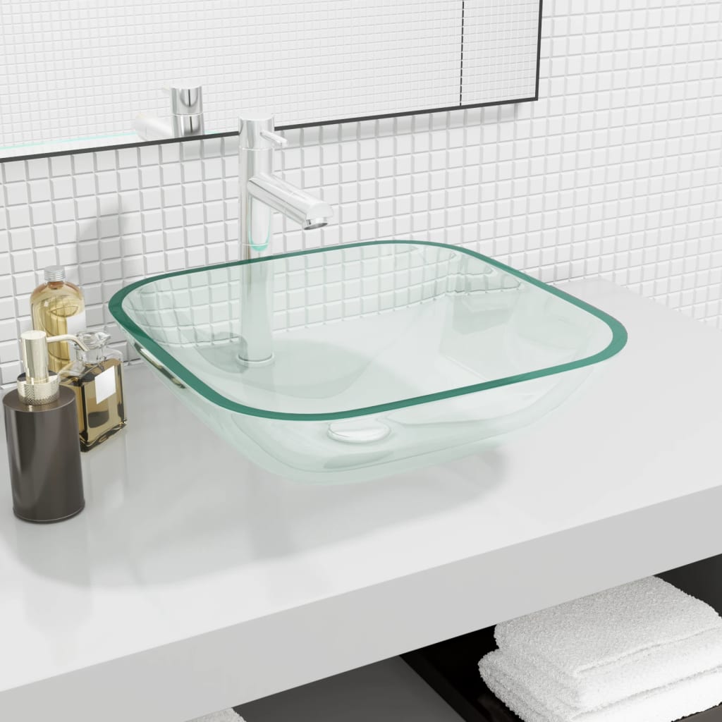 vidaXL átlátszó üveg mosdókagyló 42x42x14 cm