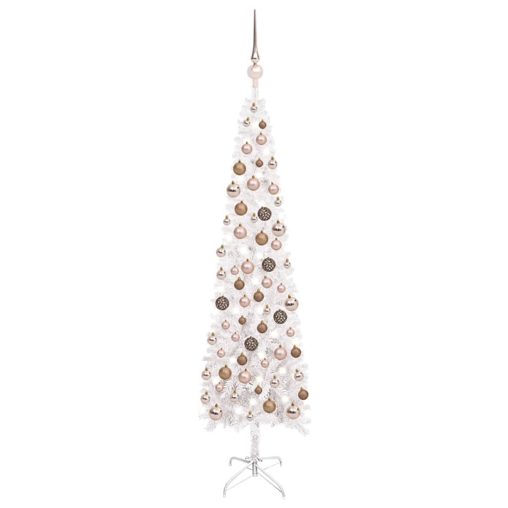 vidaXL fehér vékony karácsonyfa LED-ekkel és gömbszettel 120 cm
