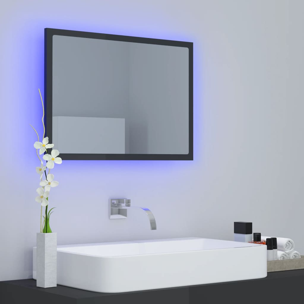 vidaXL magasfényű szürke akril LED-es fürdőszobatükör 60x8,5x37 cm