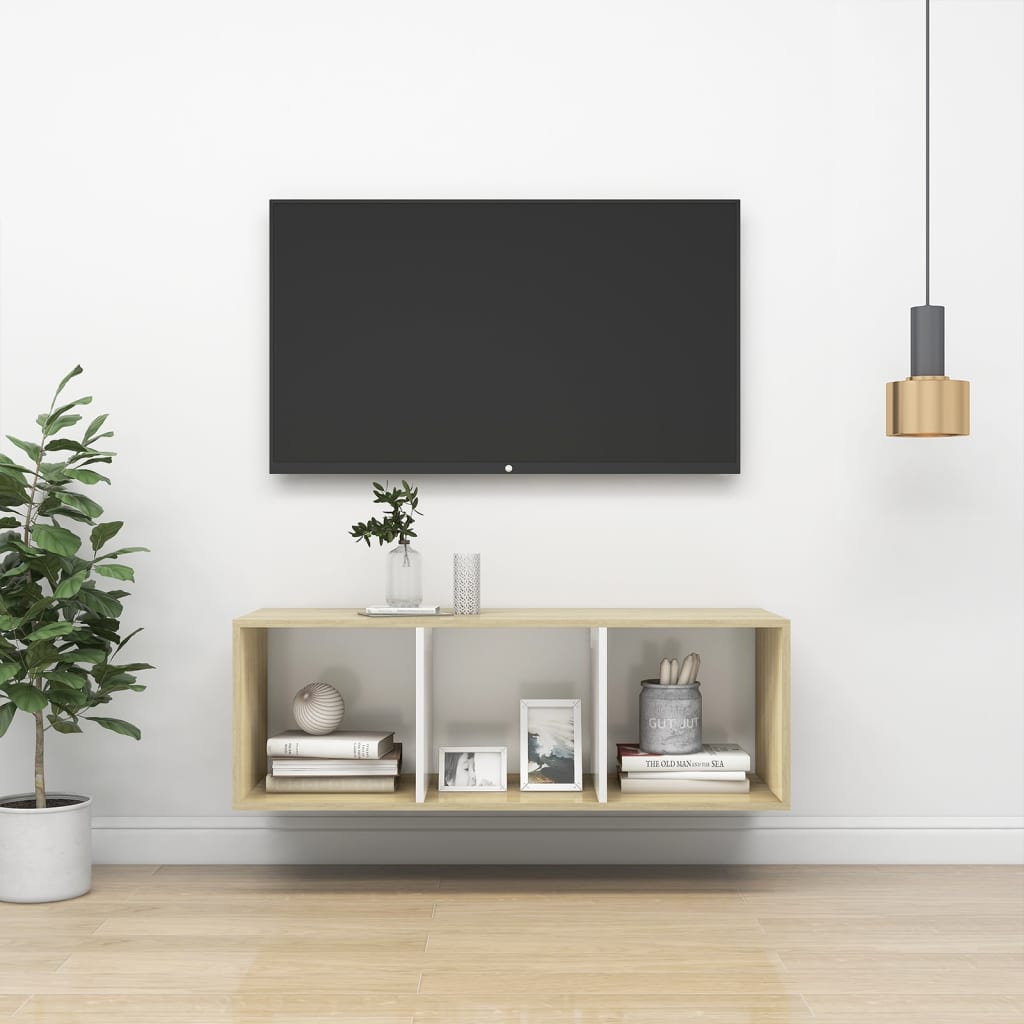 vidaXL fehér és tölgyszínű forgácslap fali TV-szekrény 37x37x107 cm